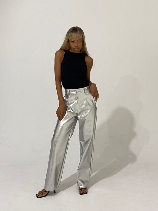VEGAN LEATHER SLACKS / SILVER